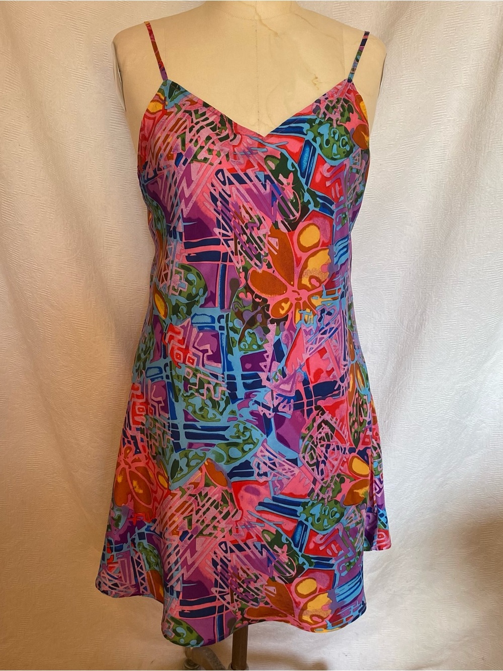 Abstract Floral Multi-Color Slip Chemise with Spaghetti Straps Pure silk